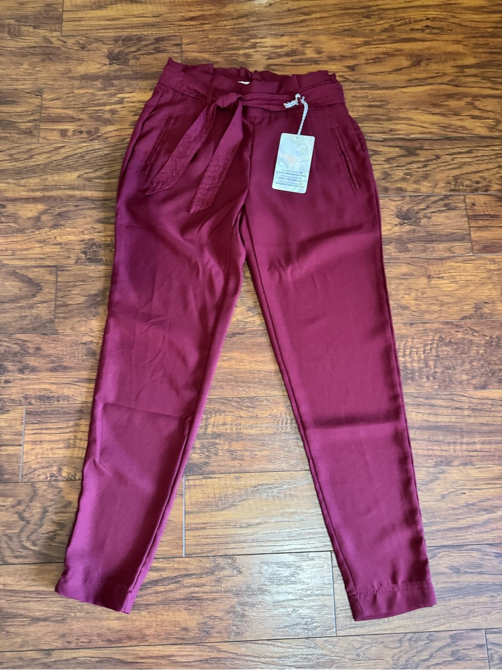 High-Waist Paperbag Tie-Waist Joggers in Burgundy